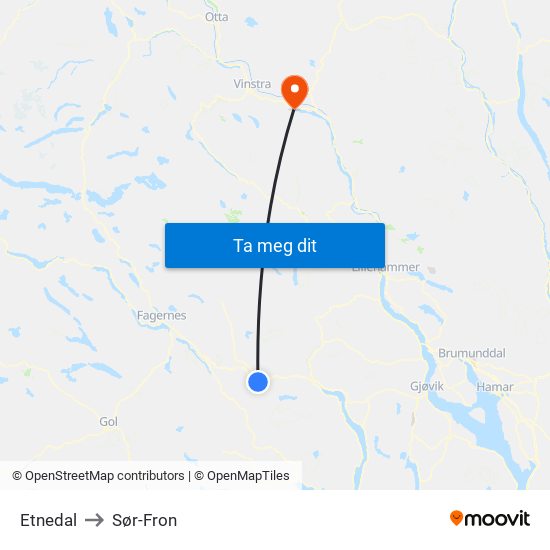 Etnedal to Sør-Fron map