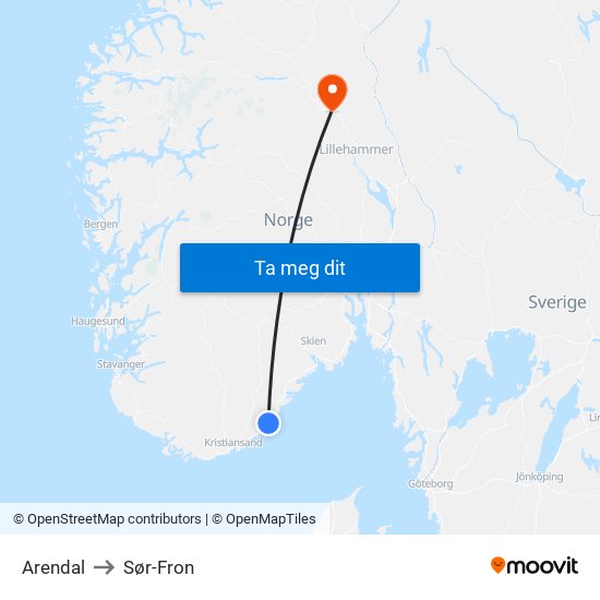 Arendal to Sør-Fron map