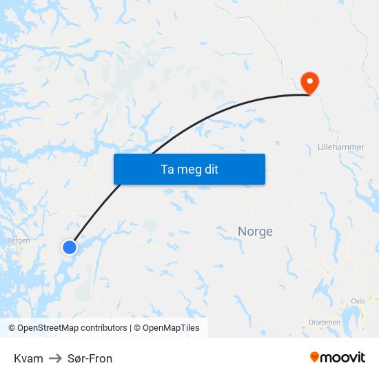 Kvam to Sør-Fron map