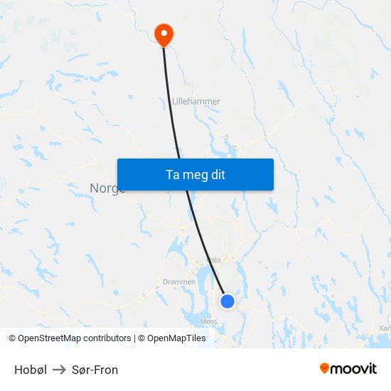 Hobøl to Sør-Fron map