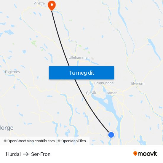 Hurdal to Sør-Fron map