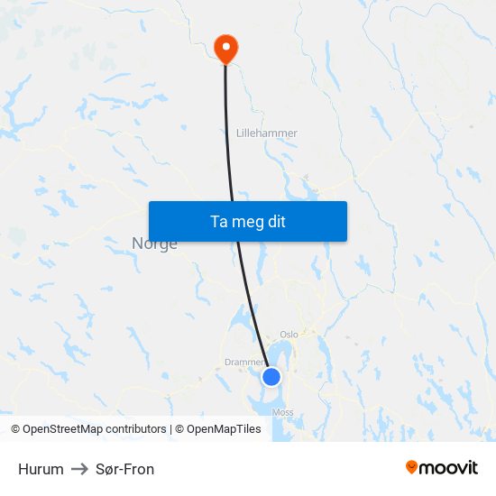 Hurum to Sør-Fron map