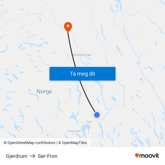 Gjerdrum to Sør-Fron map