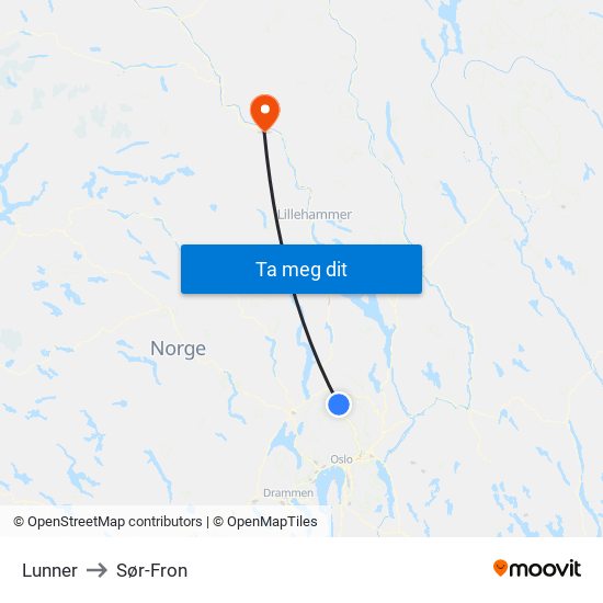 Lunner to Sør-Fron map