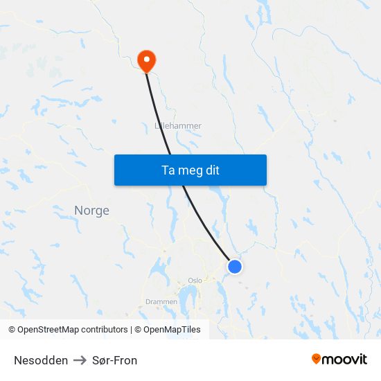 Nesodden to Sør-Fron map