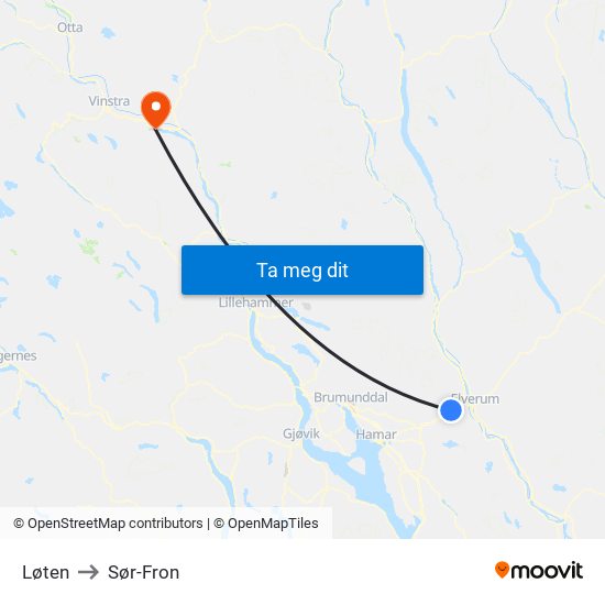 Løten to Sør-Fron map