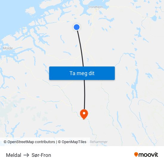 Meldal to Sør-Fron map