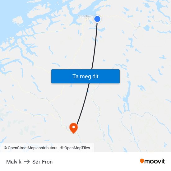 Malvik to Sør-Fron map