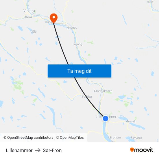 Lillehammer to Sør-Fron map