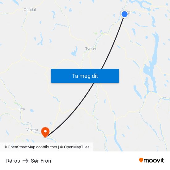 Røros to Sør-Fron map