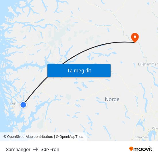 Samnanger to Sør-Fron map