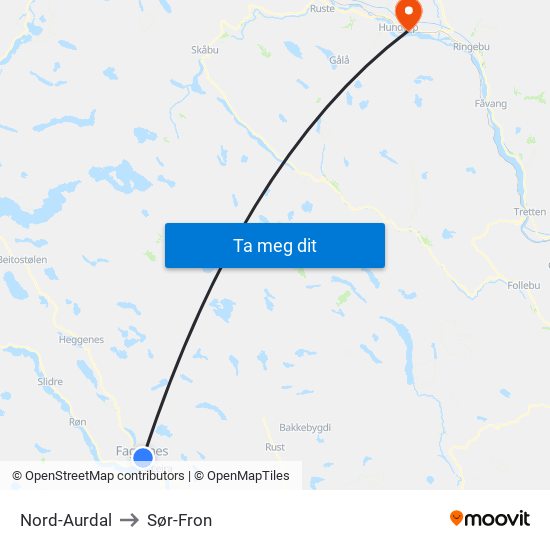 Nord-Aurdal to Sør-Fron map