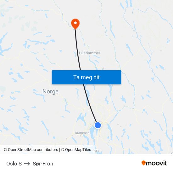 Oslo S to Sør-Fron map