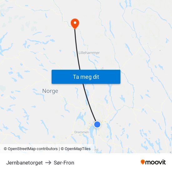 Jernbanetorget to Sør-Fron map