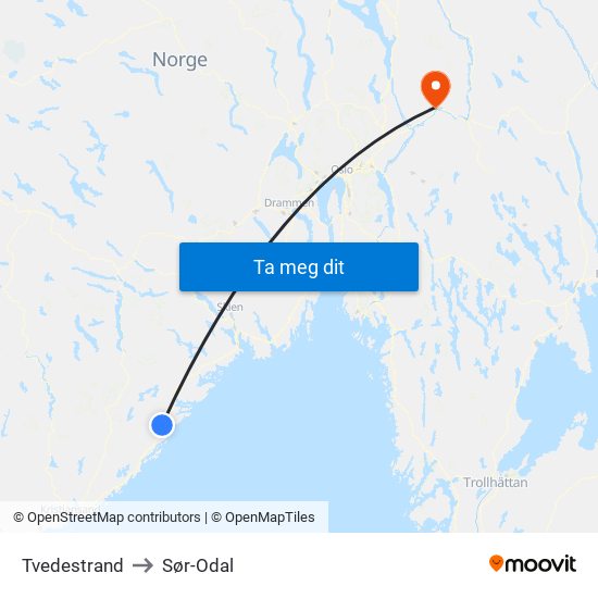 Tvedestrand to Sør-Odal map