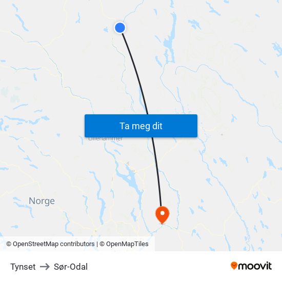 Tynset to Sør-Odal map