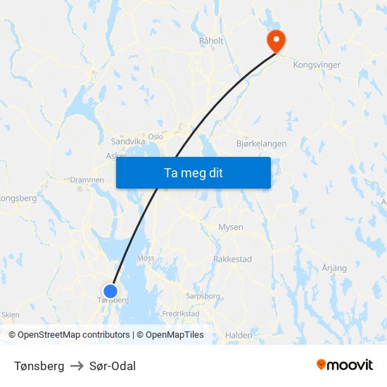 Tønsberg to Sør-Odal map