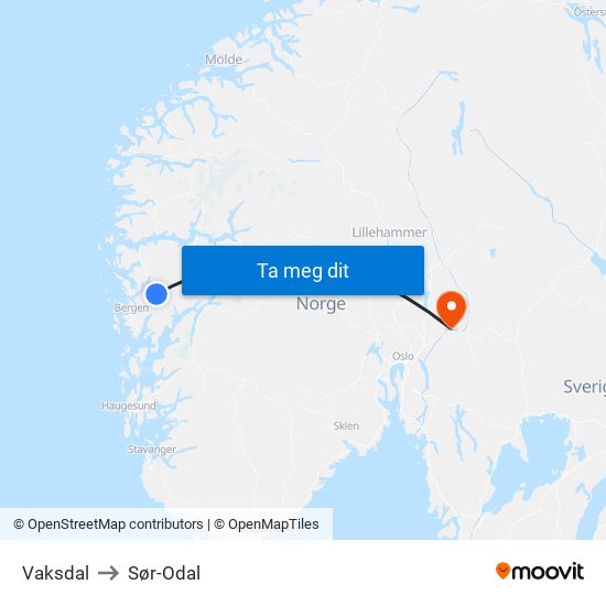 Vaksdal to Sør-Odal map
