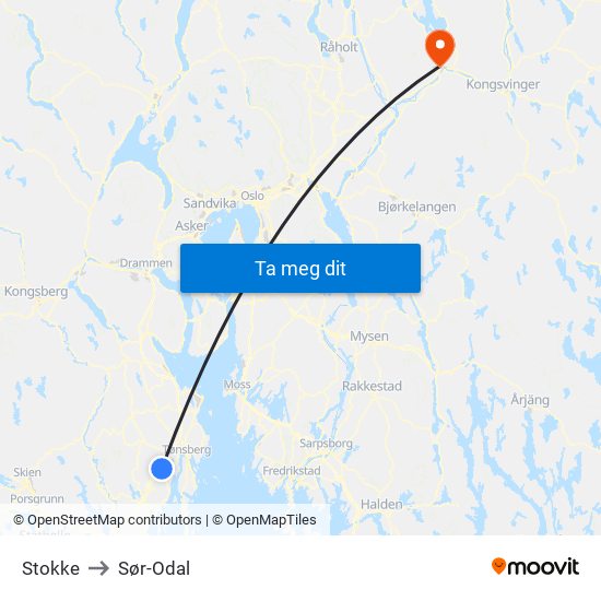 Stokke to Sør-Odal map