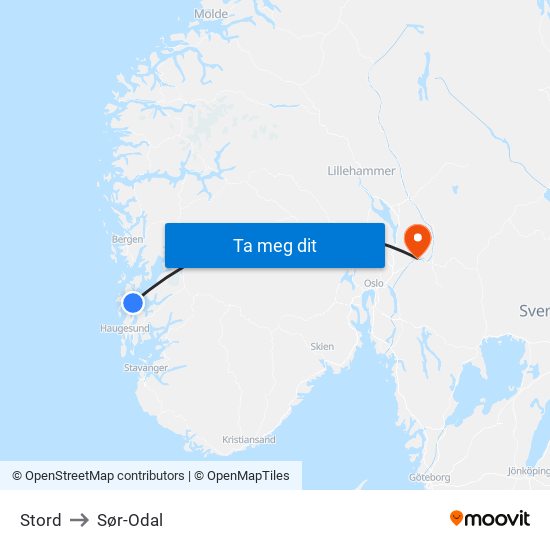 Stord to Sør-Odal map