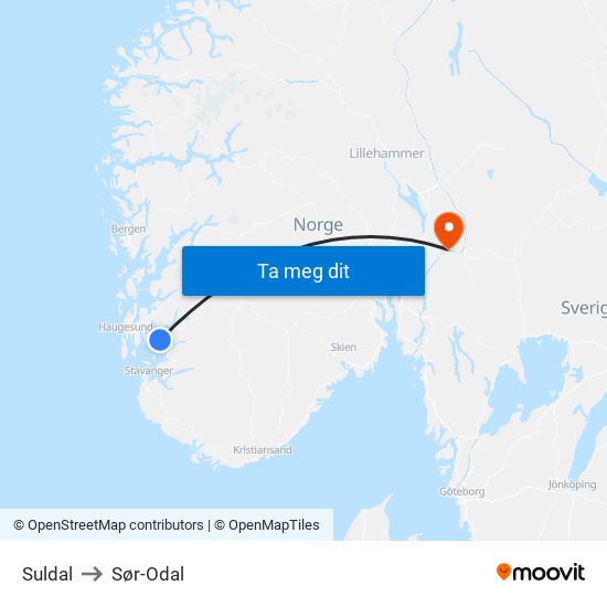 Suldal to Sør-Odal map
