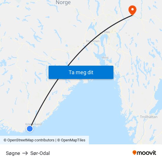 Søgne to Sør-Odal map