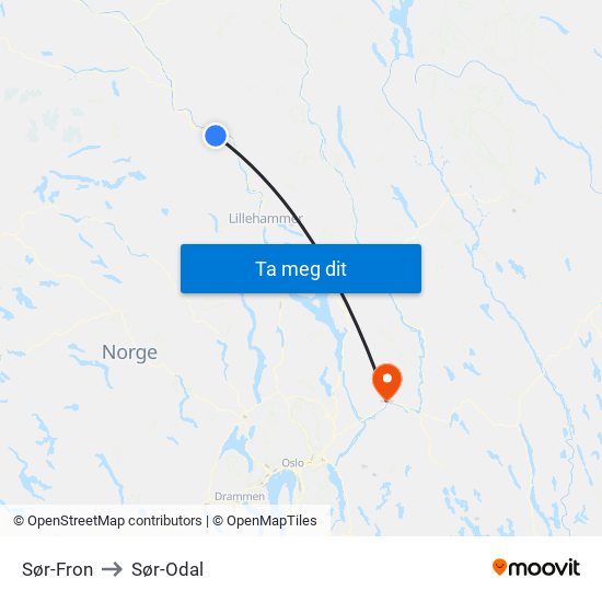 Sør-Fron to Sør-Odal map