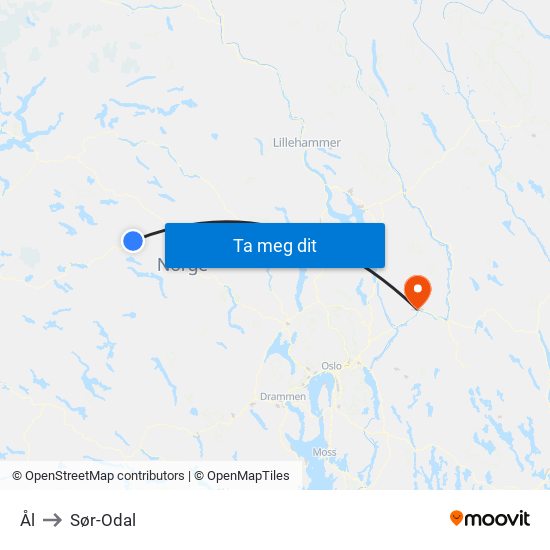 Ål to Sør-Odal map