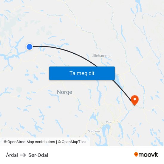 Årdal to Sør-Odal map