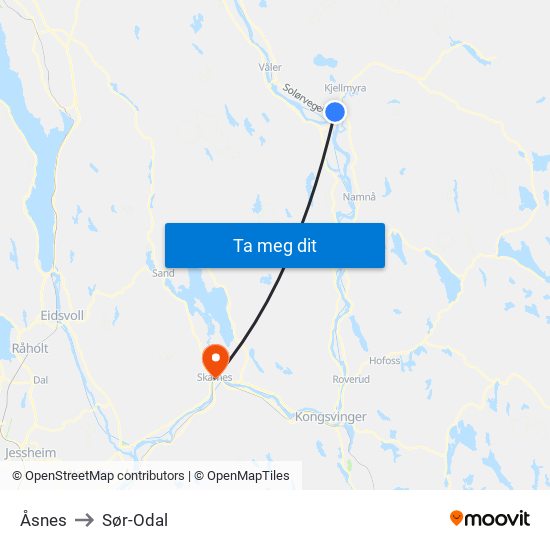 Åsnes to Sør-Odal map