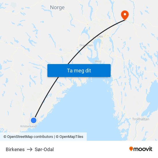 Birkenes to Sør-Odal map