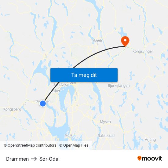 Drammen to Sør-Odal map