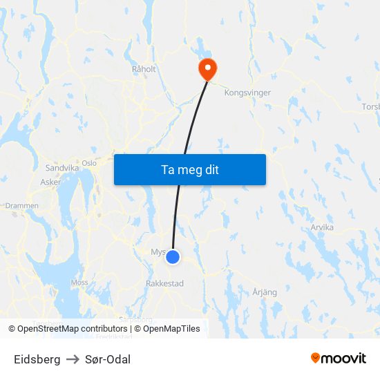 Eidsberg to Sør-Odal map