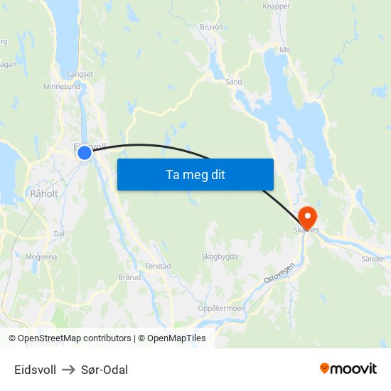 Eidsvoll to Sør-Odal map