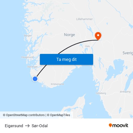 Eigersund to Sør-Odal map