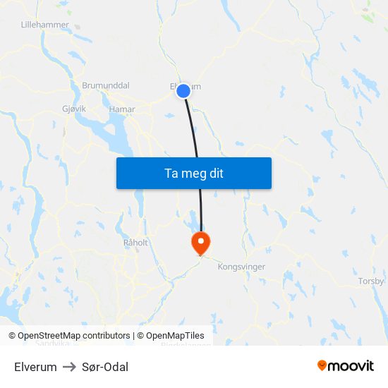 Elverum to Sør-Odal map