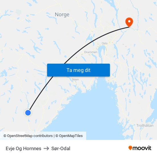 Evje Og Hornnes to Sør-Odal map