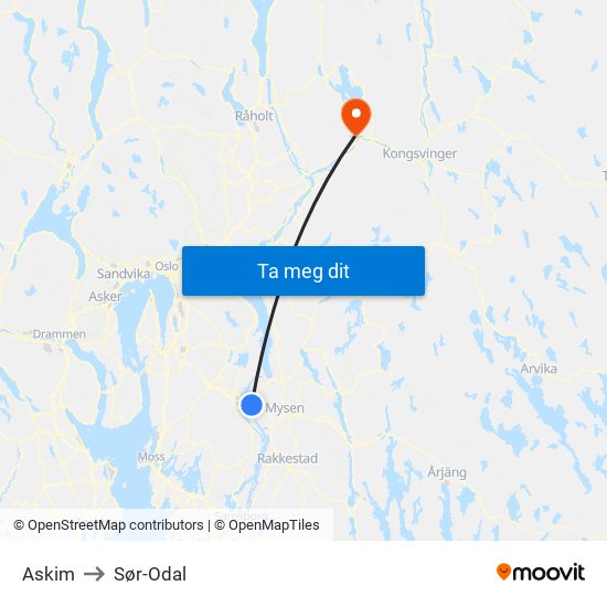 Askim to Sør-Odal map