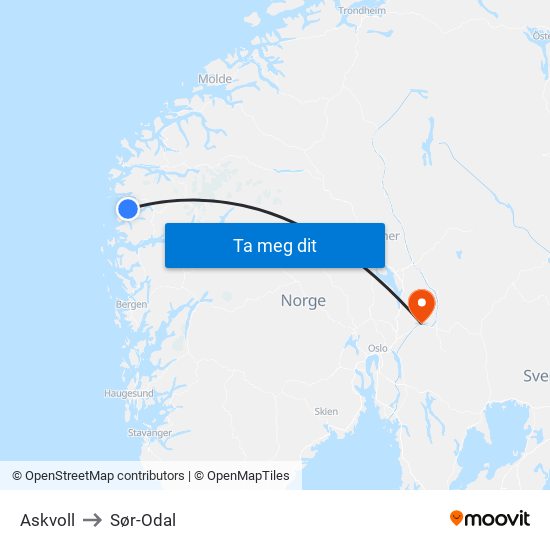 Askvoll to Sør-Odal map