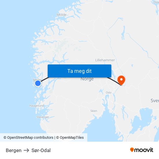 Bergen to Sør-Odal map