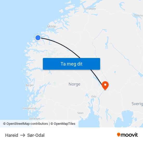 Hareid to Sør-Odal map