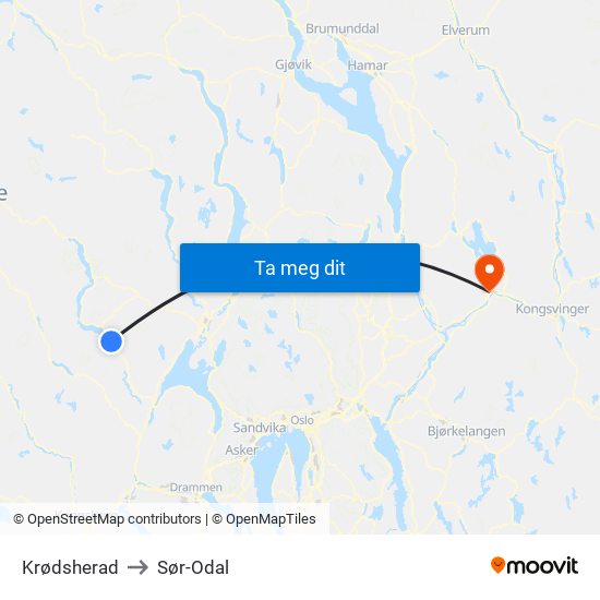 Krødsherad to Sør-Odal map