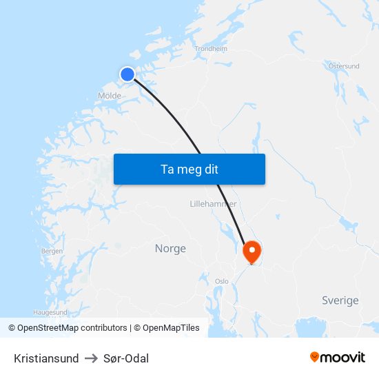 Kristiansund to Sør-Odal map