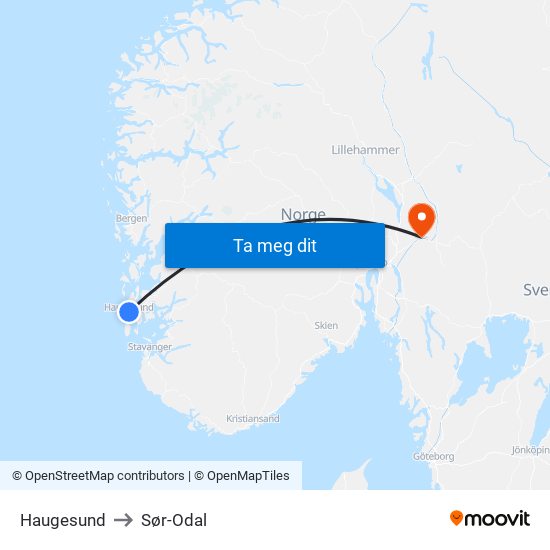 Haugesund to Sør-Odal map