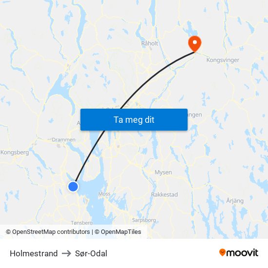 Holmestrand to Sør-Odal map