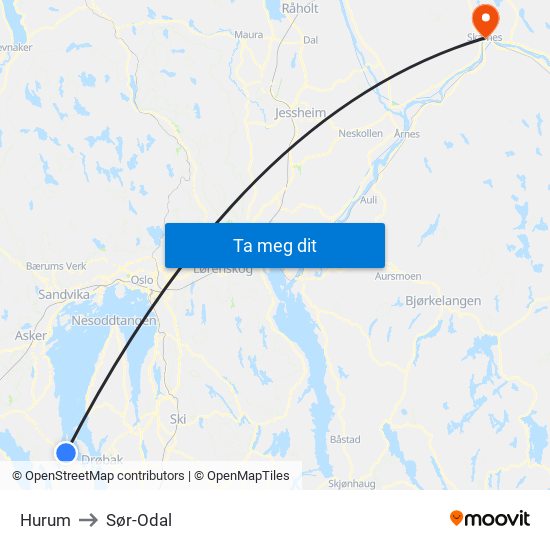 Hurum to Sør-Odal map