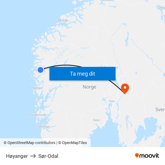 Høyanger to Sør-Odal map
