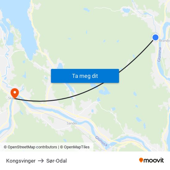 Kongsvinger to Sør-Odal map