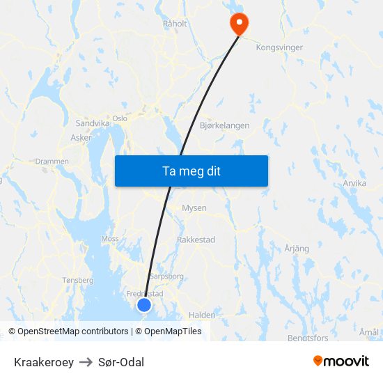 Kraakeroey to Sør-Odal map