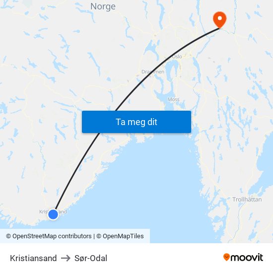 Kristiansand to Sør-Odal map